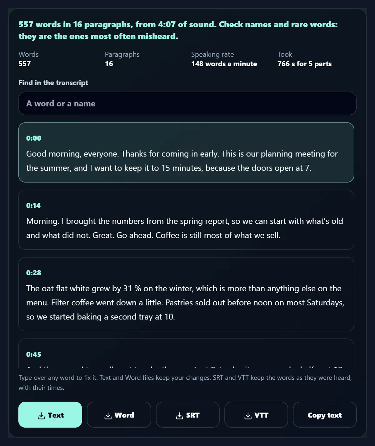 The result: 557 words in 16 paragraphs from 4:07 of sound, 148 words a minute, and the first paragraphs of the meeting, each with its start time: 0:00 Good morning, everyone, 0:14 Morning. I brought the numbers from the spring report, 0:28 The oat flat white grew by 31 %