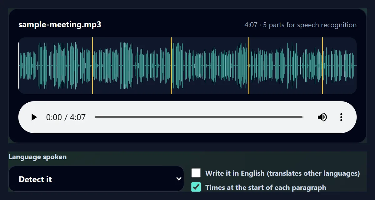 The transcription tool with sample-meeting.mp3 open: a waveform of the 4-minute recording with four amber lines where it is cut into 5 parts, an audio player, and the Language spoken menu set to Detect it
