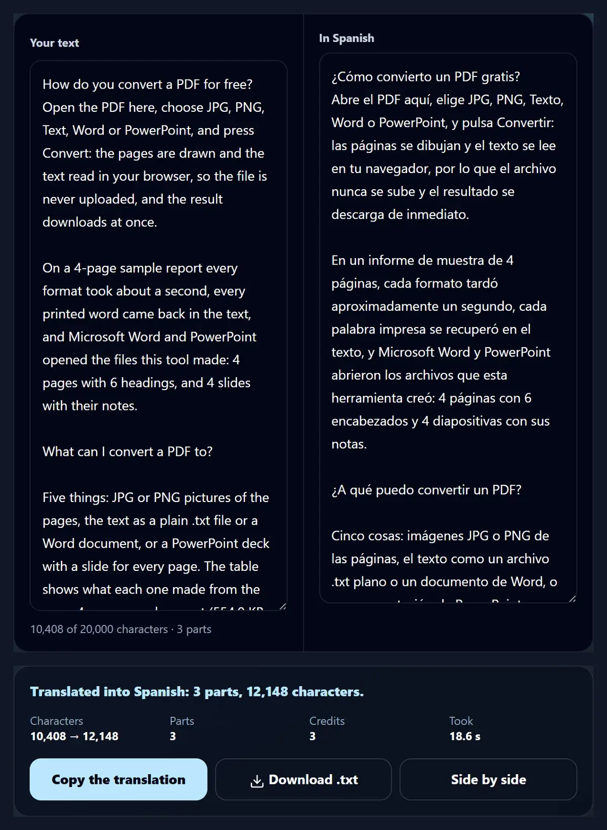 A 10,408-character guide translated into Spanish in 3 parts: the start of both texts and the result, 12,148 characters, 3 credits, 18.6 seconds