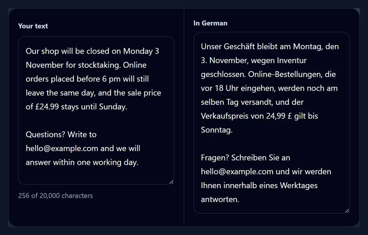 The shop notice in English on the left and in German on the right, with its date, time, price and email address
