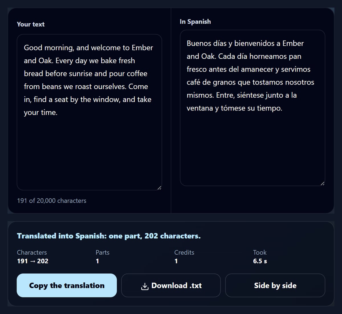 The translator with the café welcome and its Spanish translation