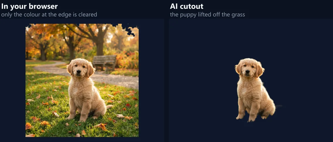 The puppy photo with the in-browser route and with the AI cutout, side by side