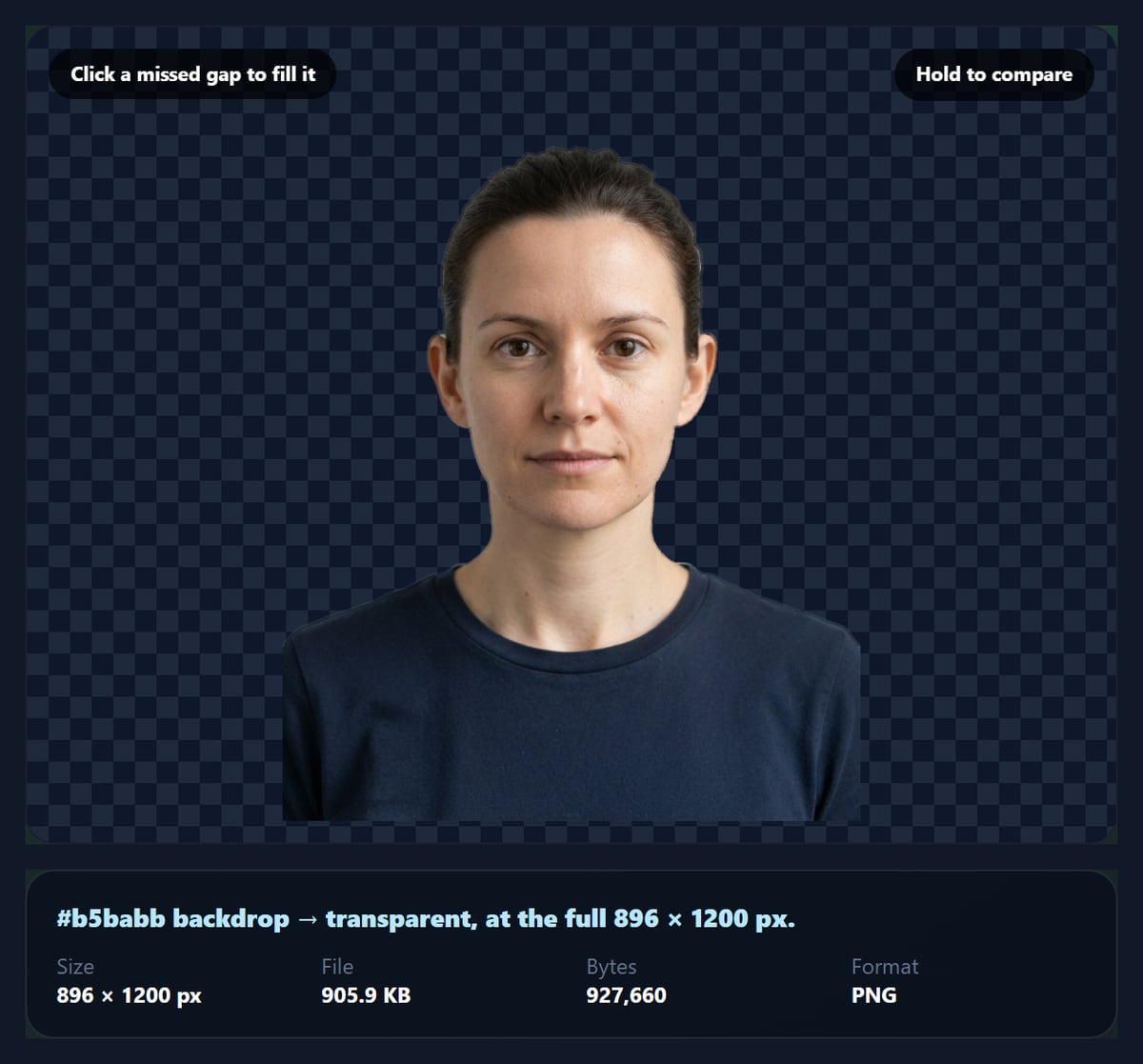 The transparent background maker with a studio portrait whose grey wall is now a transparent checkerboard