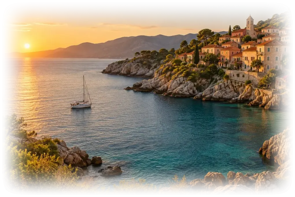 A coastal town at sunset whose edges fade to transparent