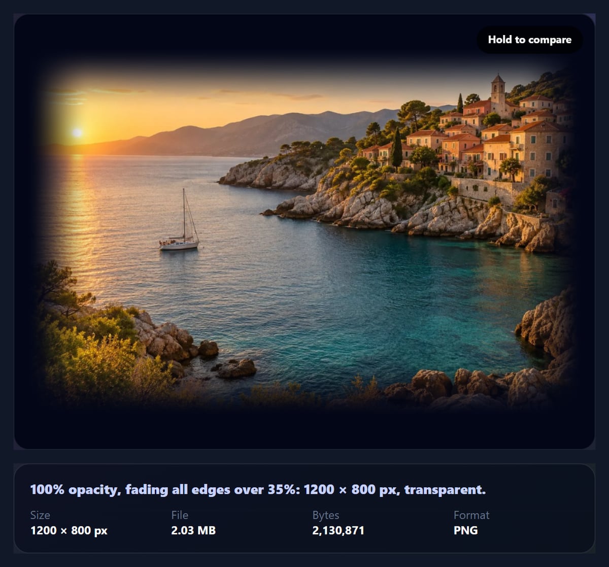 The transparent PNG maker with a coastal photo whose edges fade to clear over a dark background