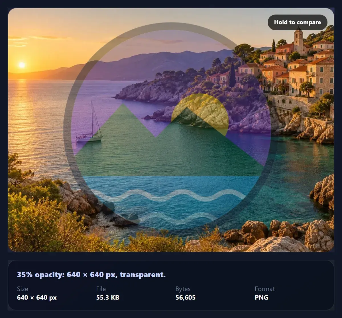 A round logo at 35% opacity over a coastal photo, the photo visible through it