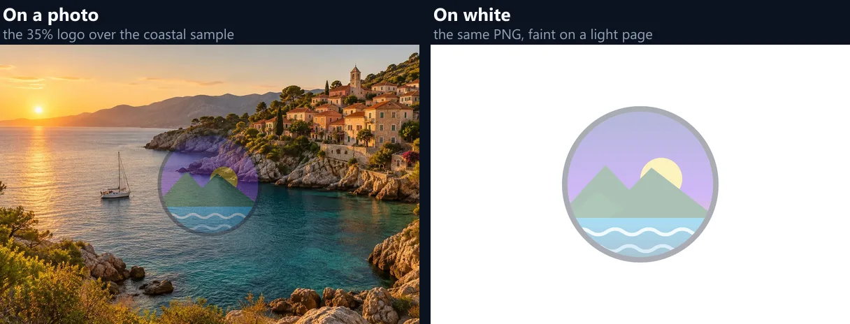 The 35% logo over a coastal photo and on a white page