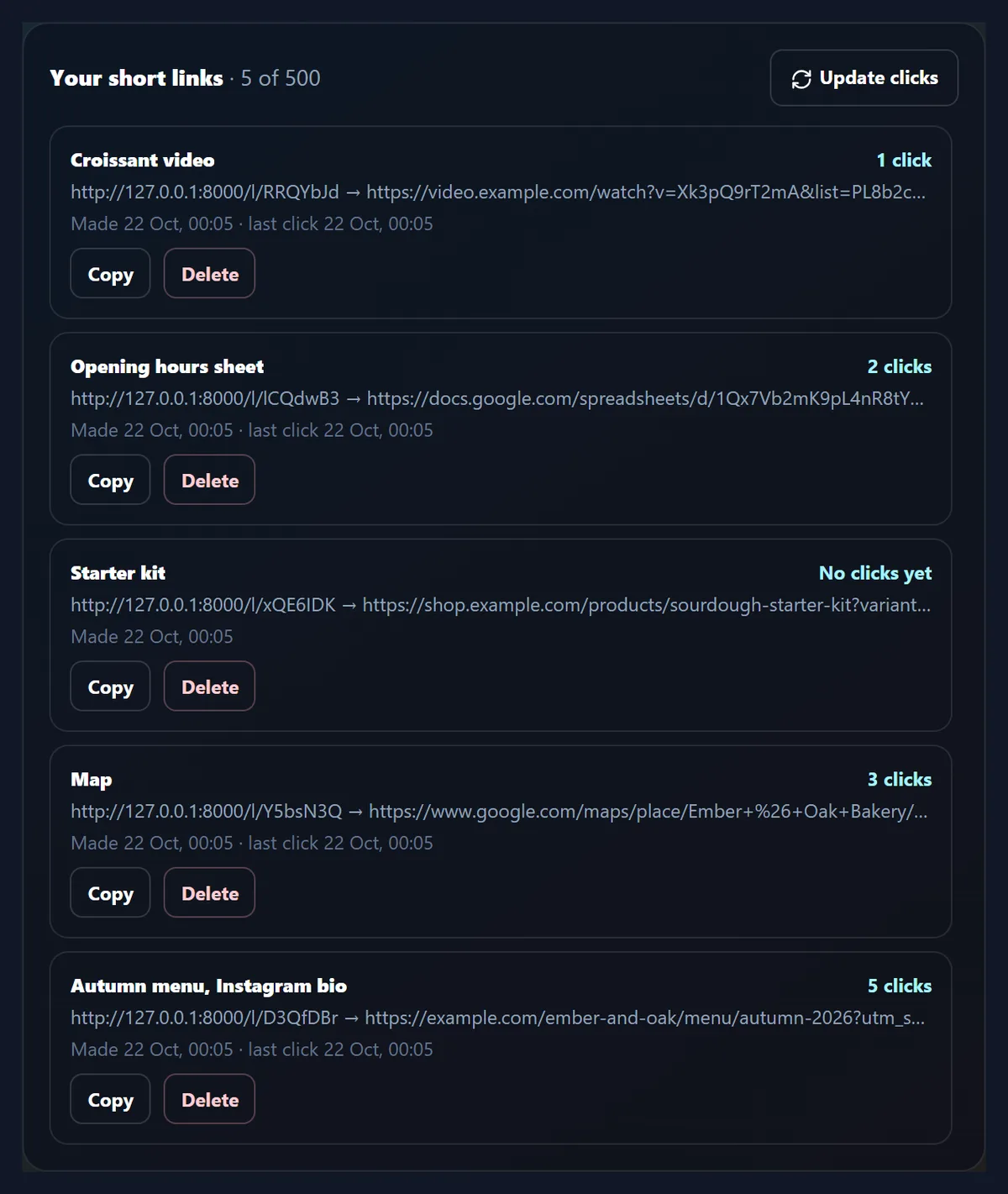 Your short links, 5 of 500: Croissant video 1 click, Opening hours sheet 2 clicks, Starter kit No clicks yet, Map 3 clicks and Autumn menu, Instagram bio 5 clicks, each with its short and long link, when it was made and its last click, and Copy and Delete buttons