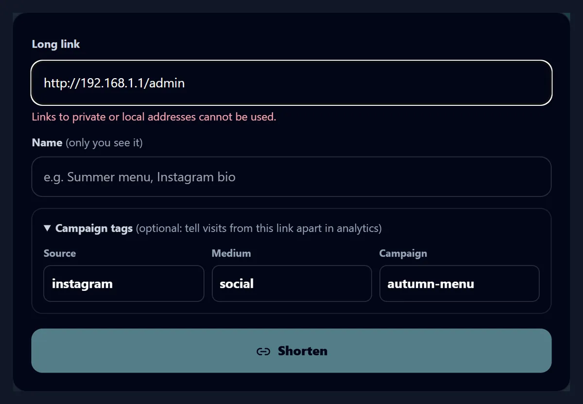 The form with http://192.168.1.1/admin typed in Long link, the red line Links to private or local addresses cannot be used, and the Shorten button faded