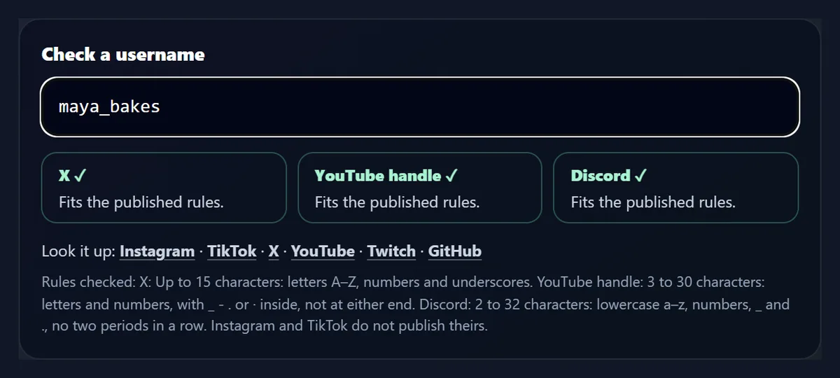 The checker with maya_bakes typed in, ticked for X, YouTube handle and Discord, each saying it fits the published rules