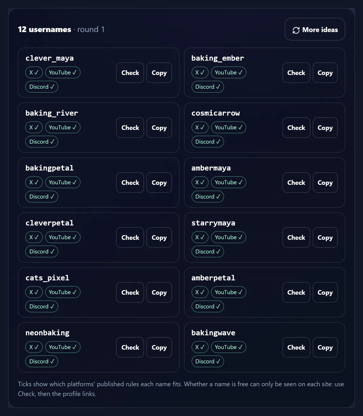 Twelve creative ideas with Only names that fit X, YouTube and Discord ticked, all without periods and up to 15 characters, such as clever_maya, baking_river and cosmicarrow, each ticked for all three sites