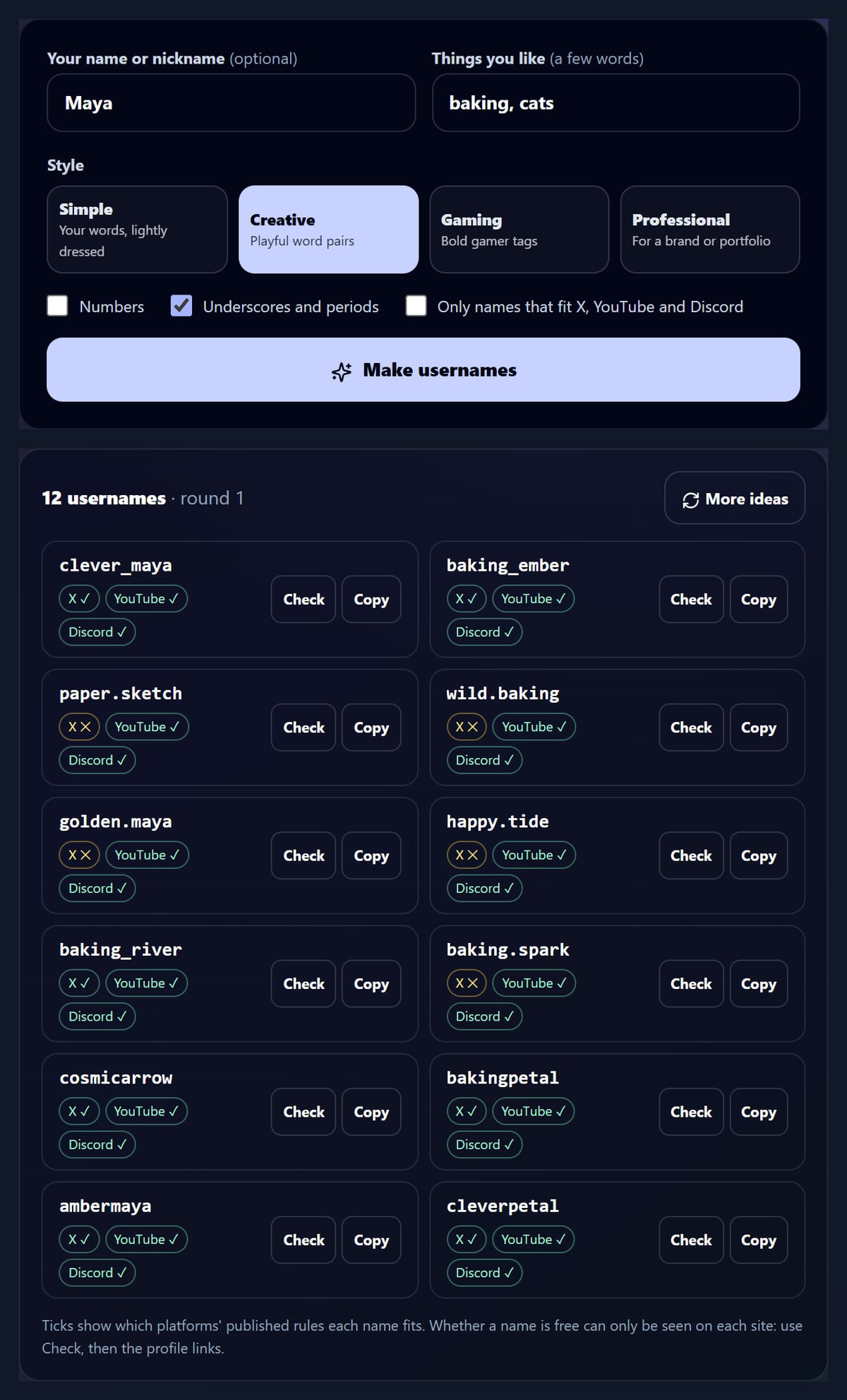 Username ideas for Maya, baking and cats, each checked against X, YouTube and Discord rules