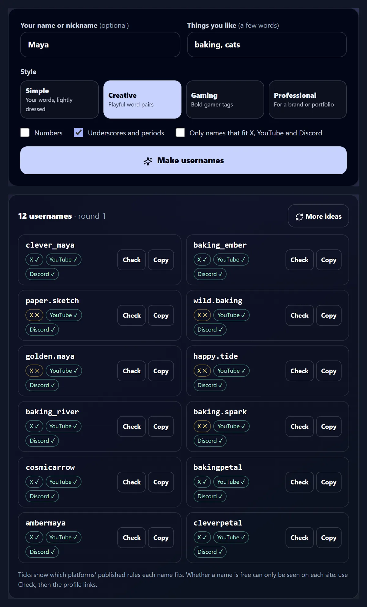 The Username Generator with Maya and baking, cats typed in and the Creative style chosen, and twelve ideas below it, such as clever_maya, baking_ember and paper.sketch, each with X, YouTube and Discord marks