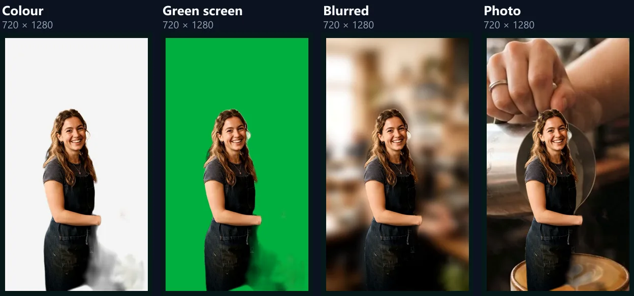 The barista set on a light colour, on green screen green, on her own café blurred, and on a café photo