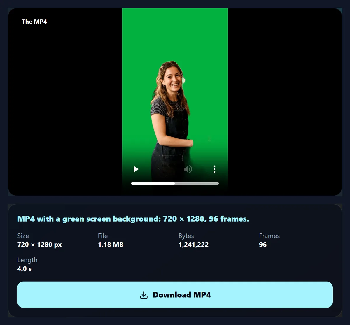 The barista on green screen green, playing in the tool, with the size and frame count under it