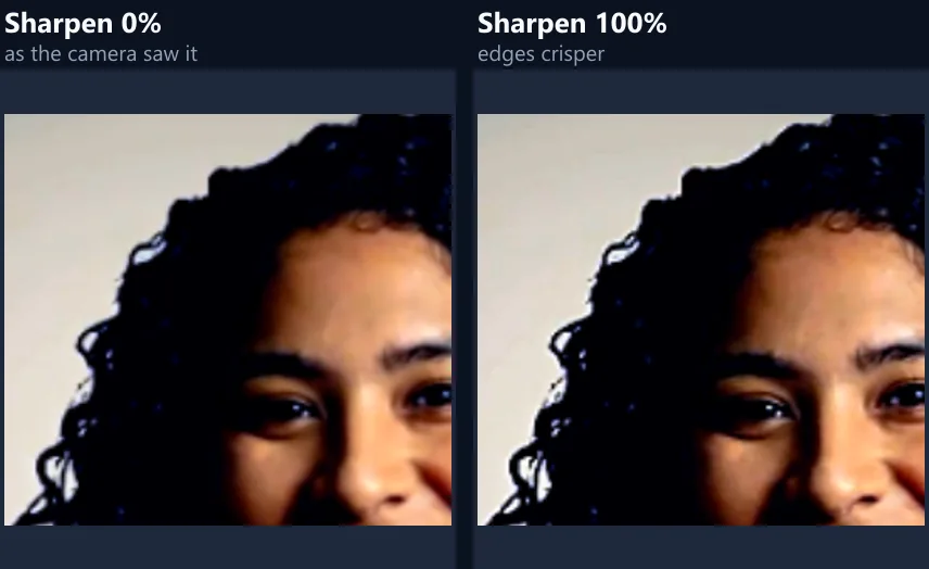 A close-up of the woman’s curls with no sharpening and with full sharpening, where the strands are crisper