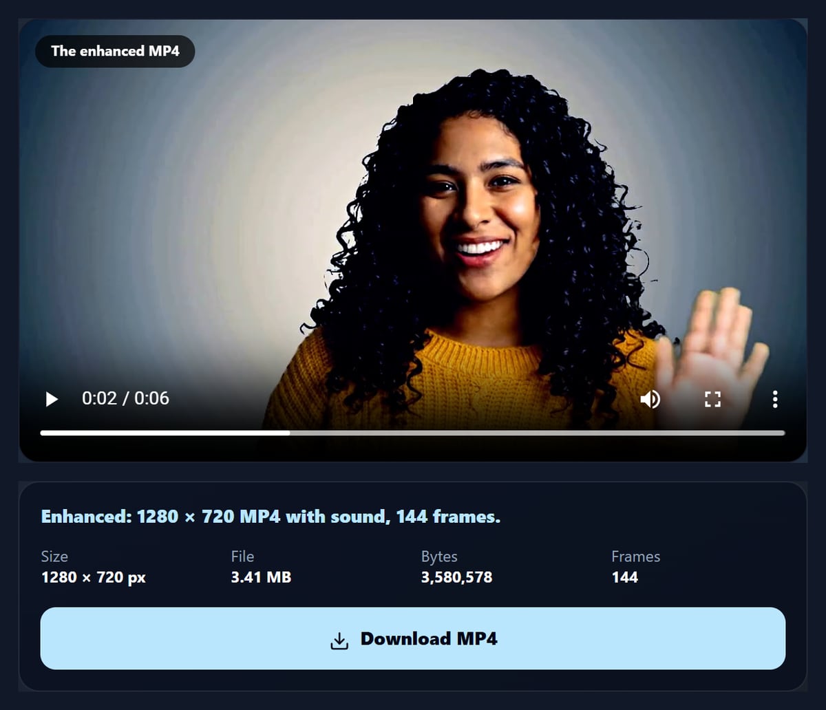 The video enhancer with the enhanced MP4 of the dull sample: the woman now brighter and clearer