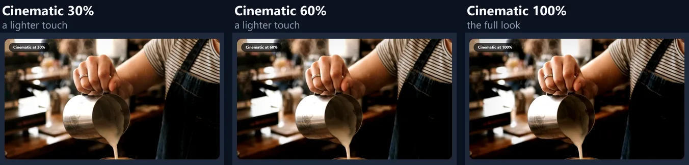 The café sample in the Cinematic look at 30, 60 and 100 percent, the teal and contrast growing stronger