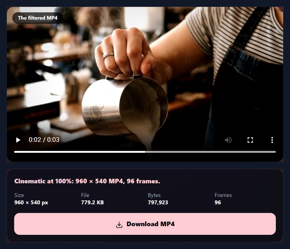 The video filters tool with the café sample in the Cinematic look and its details