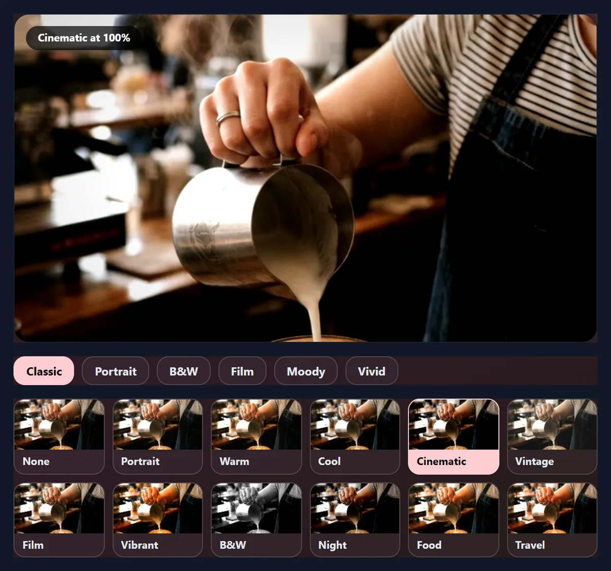 The video filters tool with the café sample in the Cinematic look above six groups of filter buttons, each showing a small frame of the video in that look