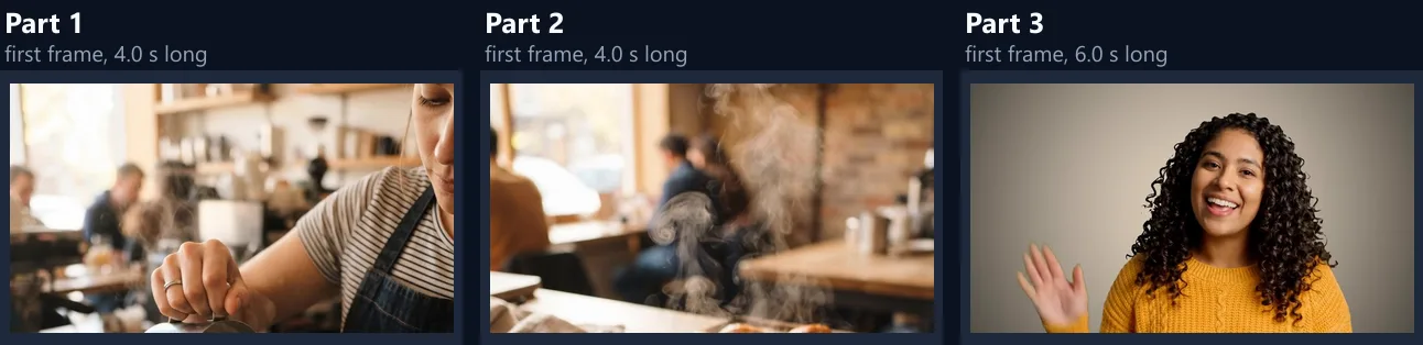 The first frame of each of the three parts: a latte being poured, a tray of pastries and the waving woman
