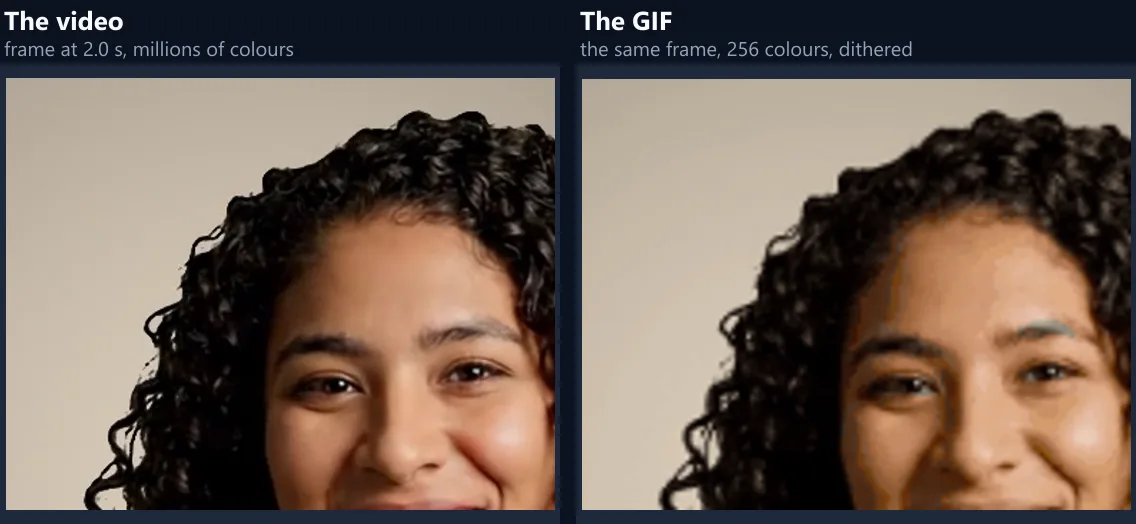A close-up of the woman’s face from the video beside the same frame from the GIF, where the shading on her skin and the wall is coarser