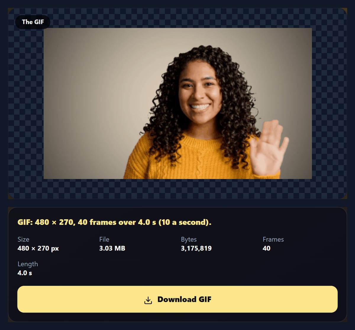 The video to GIF maker showing the finished GIF of the waving woman with its details: 480 by 270, 40 frames, 3.03 MB