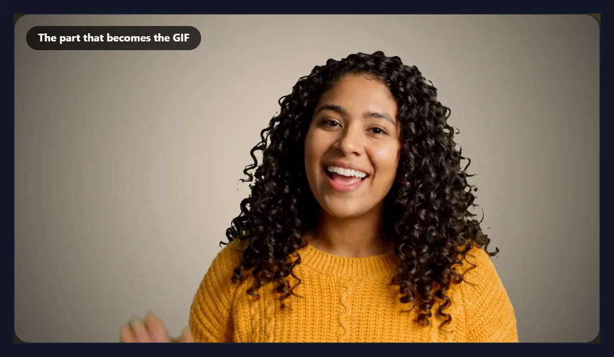 The video to GIF maker with the sample video open: a woman in a yellow jumper smiling at the camera, labelled the part that becomes the GIF