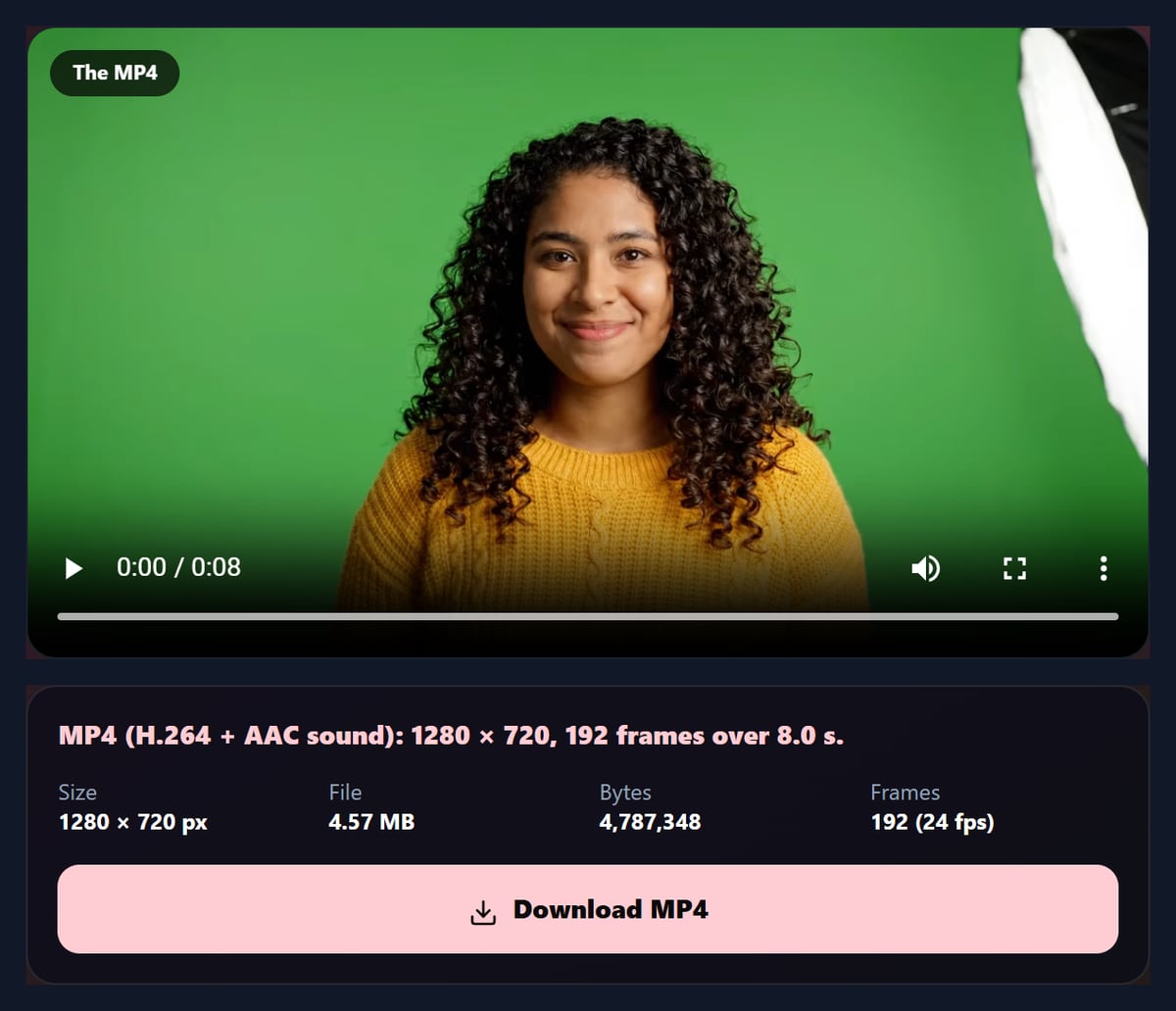 The video to MP4 converter after converting the sample WebM, showing the MP4 details: 1280 by 720, frames and file size