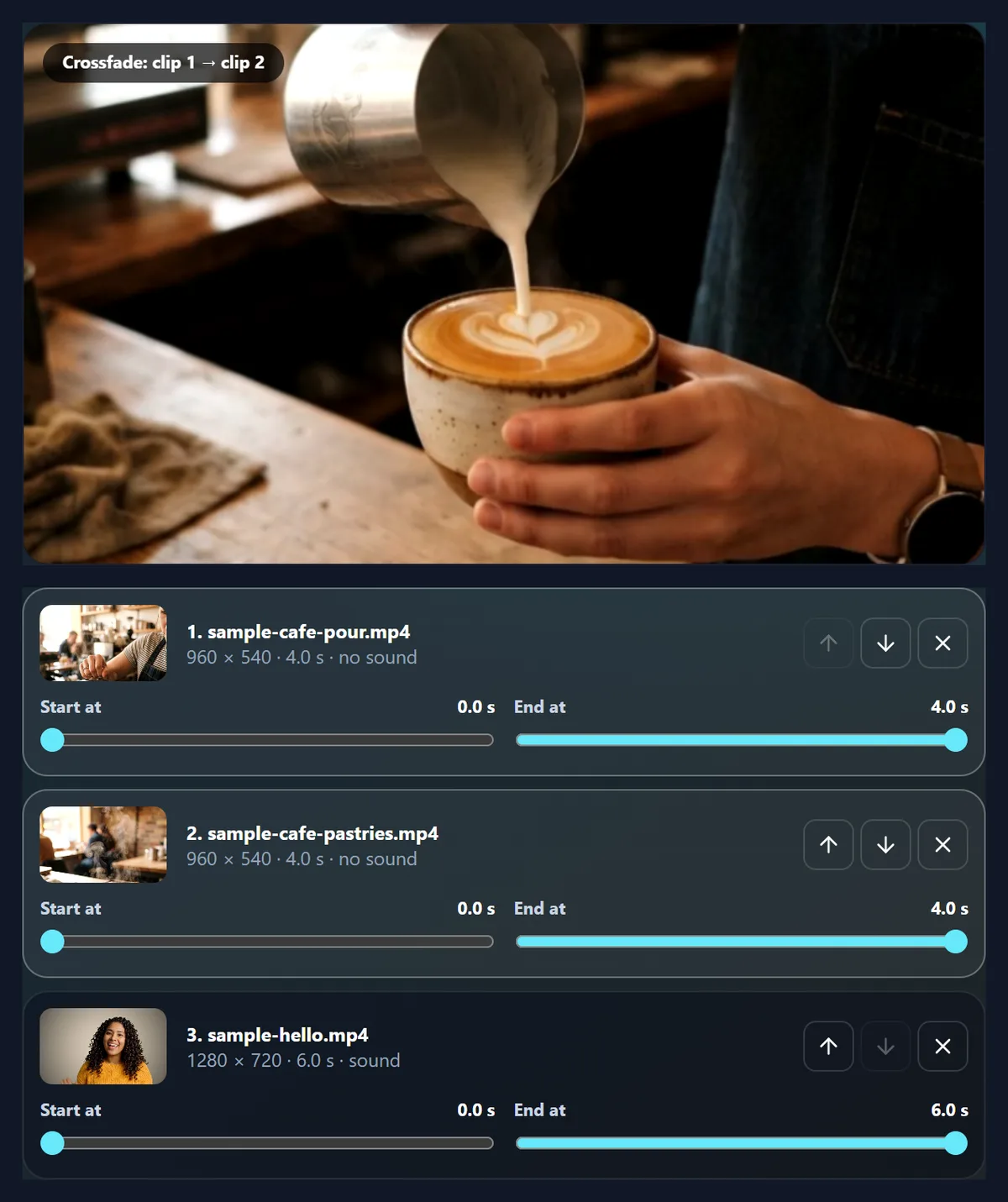 The video transitions tool with three clips listed under the preview, which shows a latte being poured fading into a tray of croissants