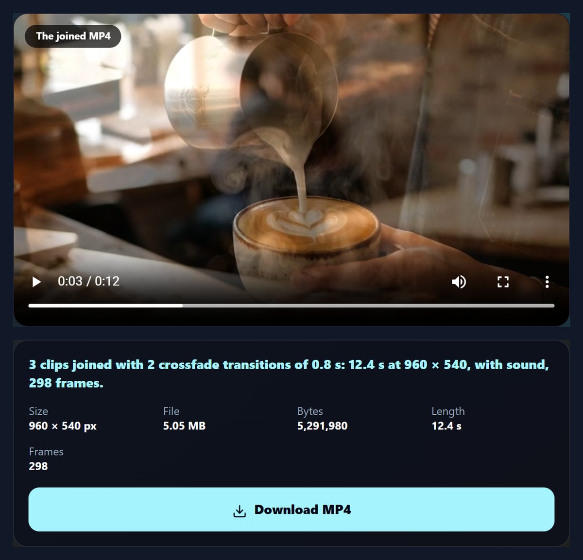 The video transitions tool with the joined MP4 paused half way through a crossfade from a latte to a tray of croissants, and its details