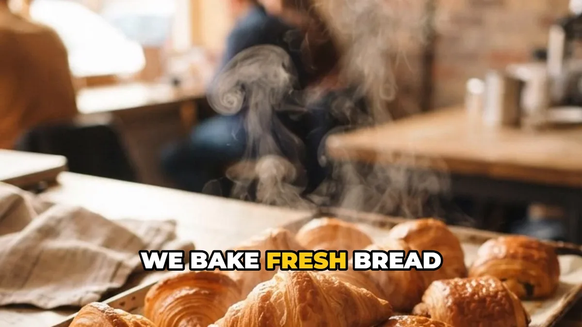 A frame of the MP4 saved by the tool at 5.3 seconds, with the English caption “we bake fresh bread” burnt in