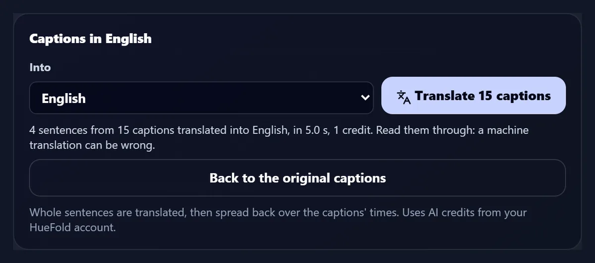 The Translate the captions panel set to English, with the note on how many captions were translated and the button back to the original captions