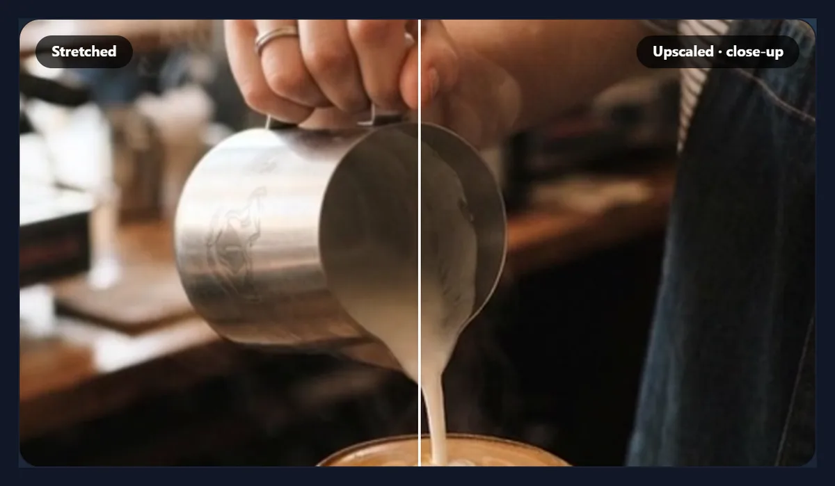 The close-up preview: the middle of the café frame at full size, the milk jug and pouring milk, stretched on the left of the line and upscaled on the right