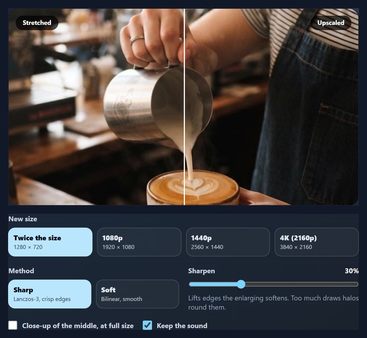 The video upscaler’s split preview of a café frame and its size and method choices