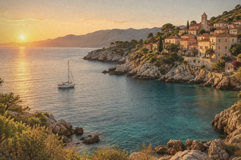 A coastal town at sunset with soft, faded shadows and fine grain