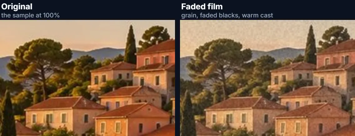 A close-up of rooftops before and after the faded film look, with visible film grain