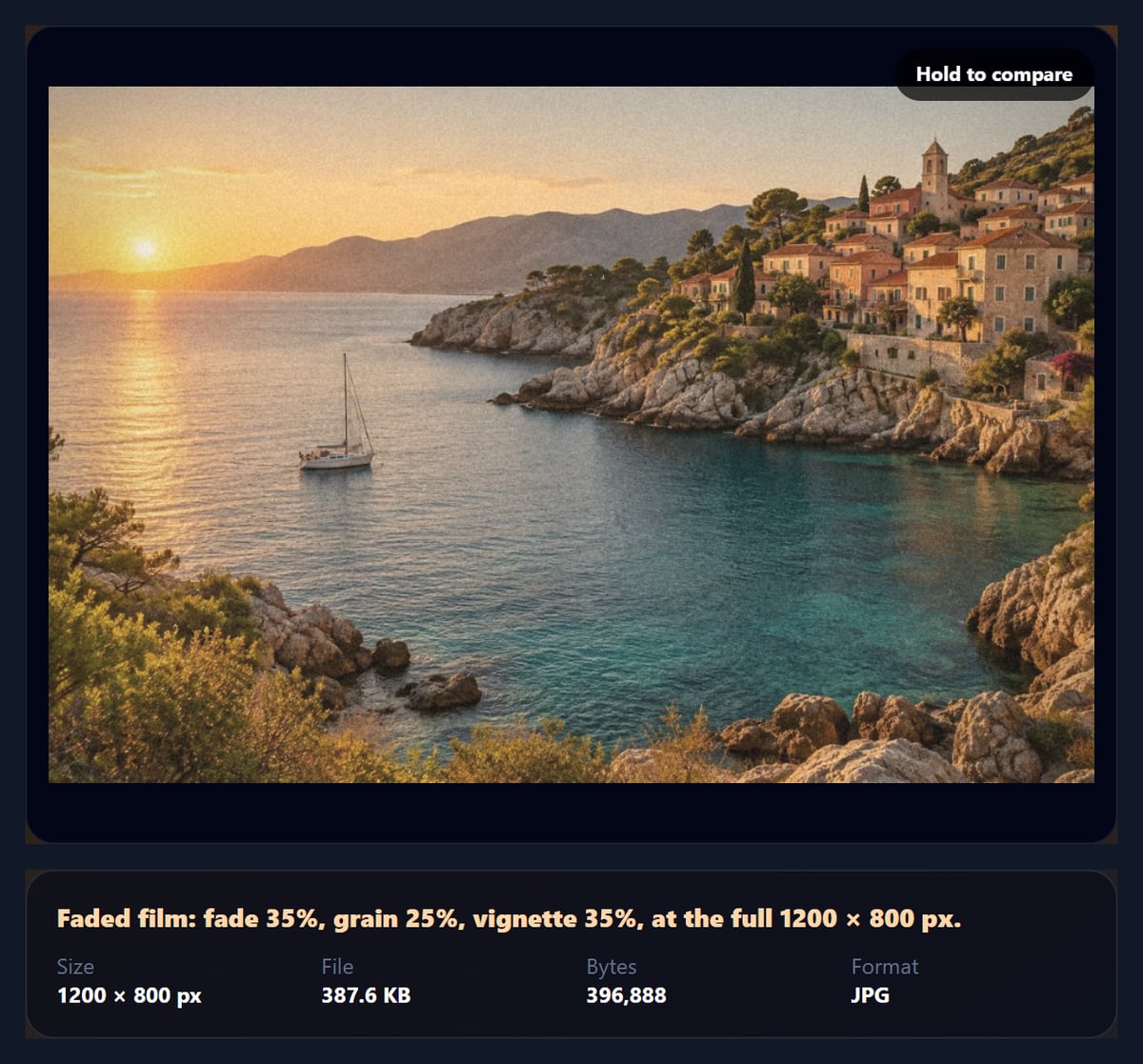 The vintage filter tool with a coastal sunset photo given faded blacks, a warm cast and grain