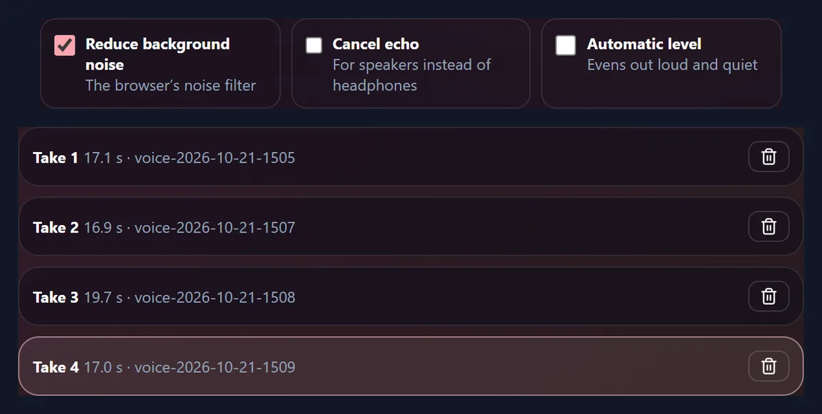 The three microphone options, Reduce background noise ticked, Cancel echo and Automatic level not, above a list of four takes with their lengths