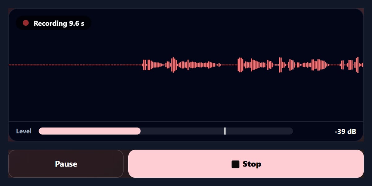 The voice recorder recording a voice, with a scrolling waveform and a level meter