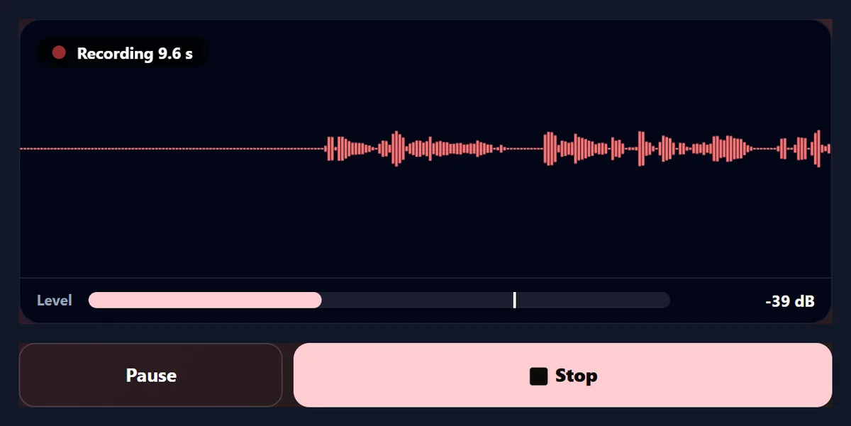 The voice recorder recording: a red Recording 9.4 s badge, the voice drawn as a scrolling waveform, a level meter at minus 32 dB, and Pause and Stop buttons