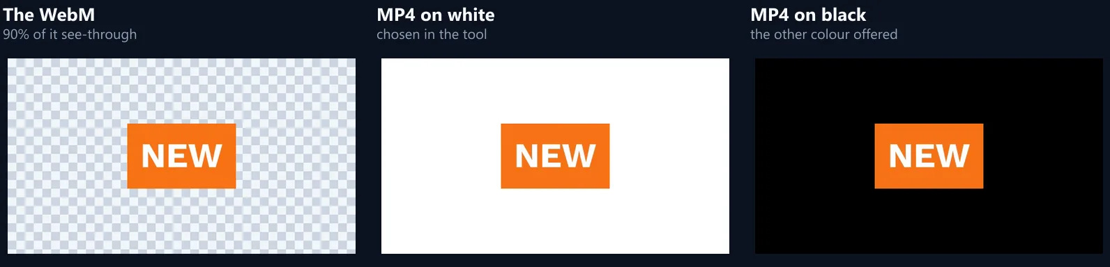 A transparent orange NEW badge shown on a checkerboard, and the two MP4s made from it, the badge on white and on black
