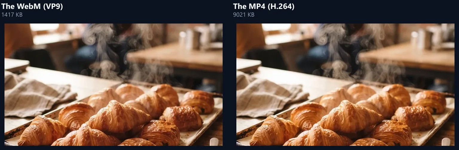 The same frame of the café video from the WebM and from the MP4, side by side, looking the same