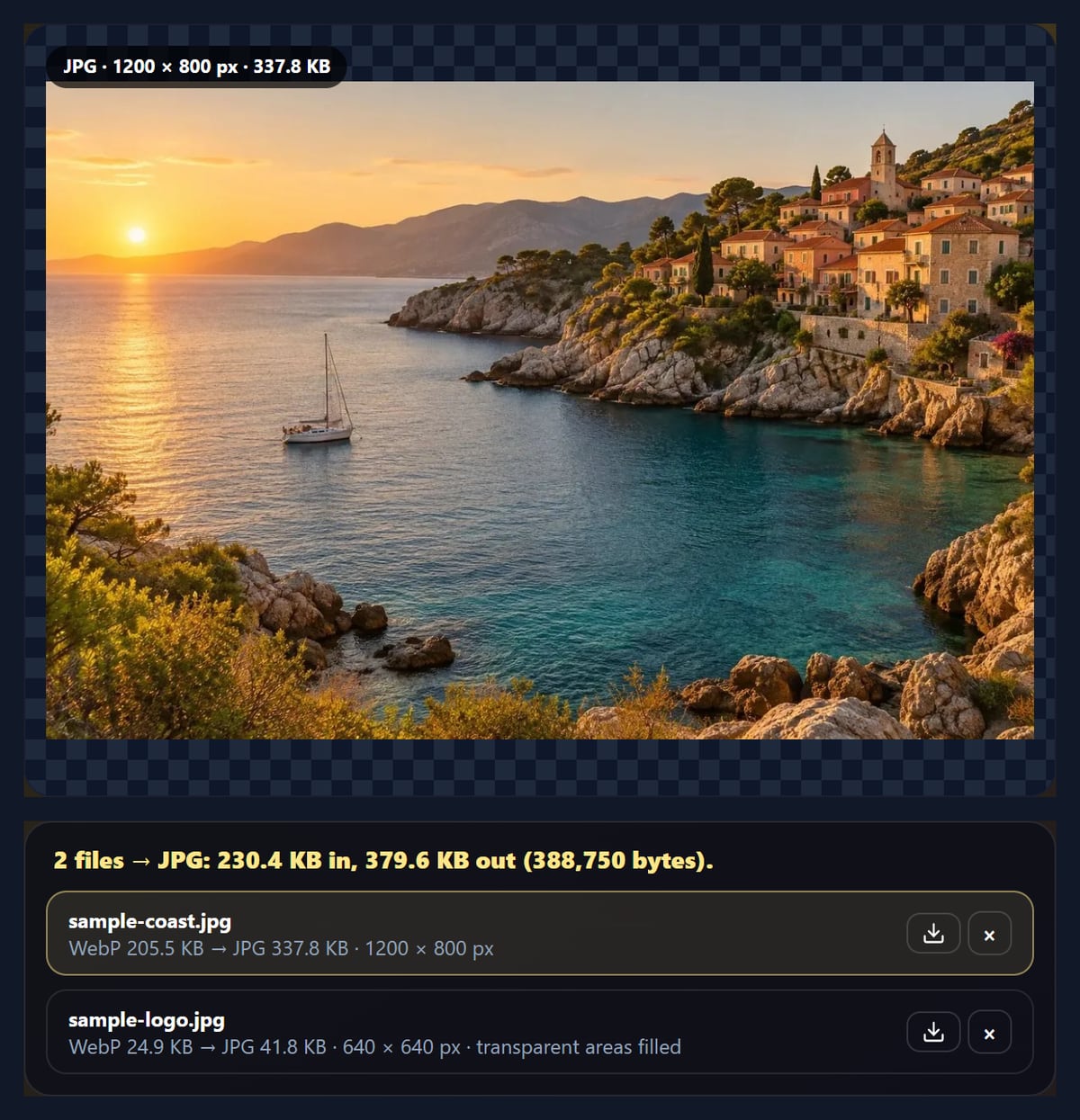 The WebP to JPG converter with two WebP samples converted