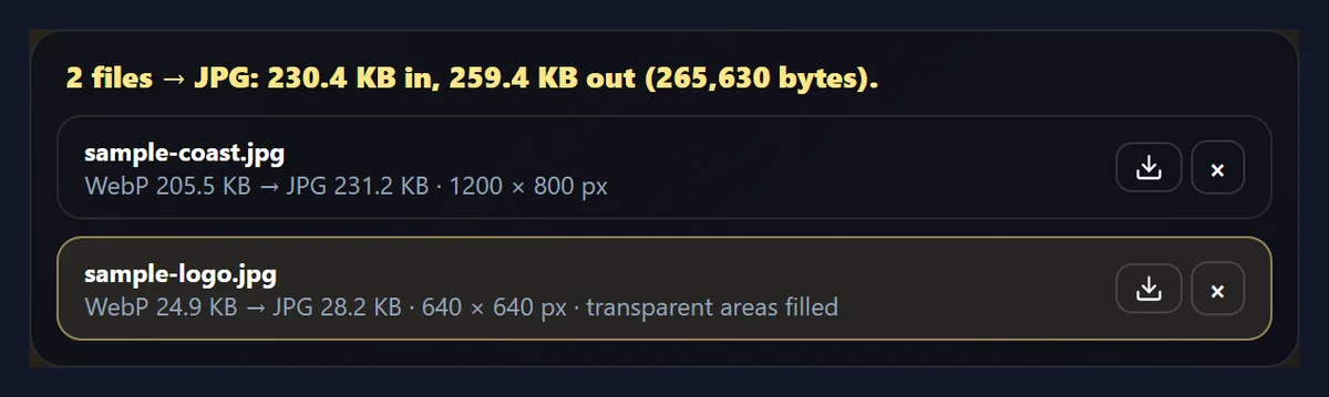 The converter list at 80% JPG quality