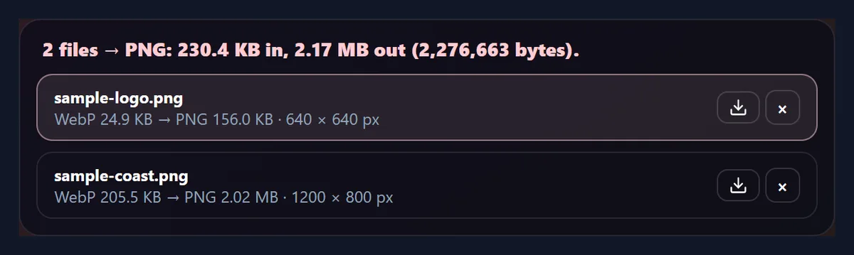 The list of WebP files converted to PNG with their sizes