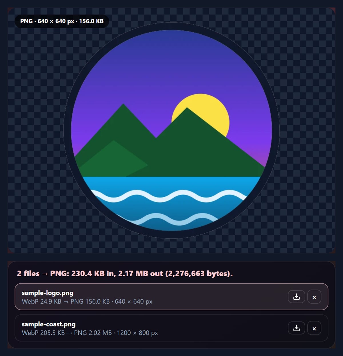The WebP to PNG converter with a transparent logo on a checkerboard