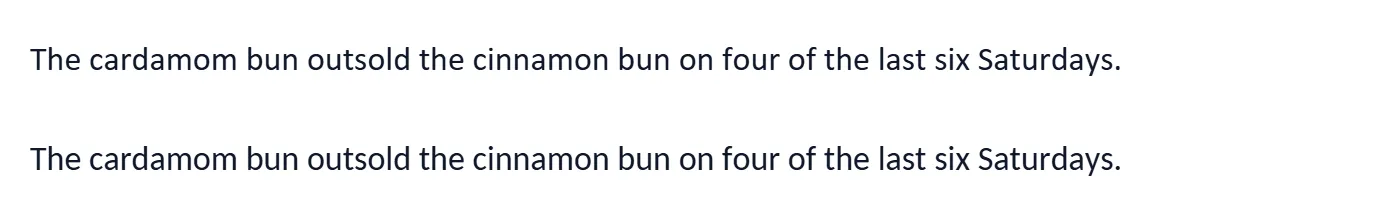 The sentence The cardamom bun outsold the cinnamon bun on four of the last six Saturdays twice, in Calibri and in Carlito, ending at the same point