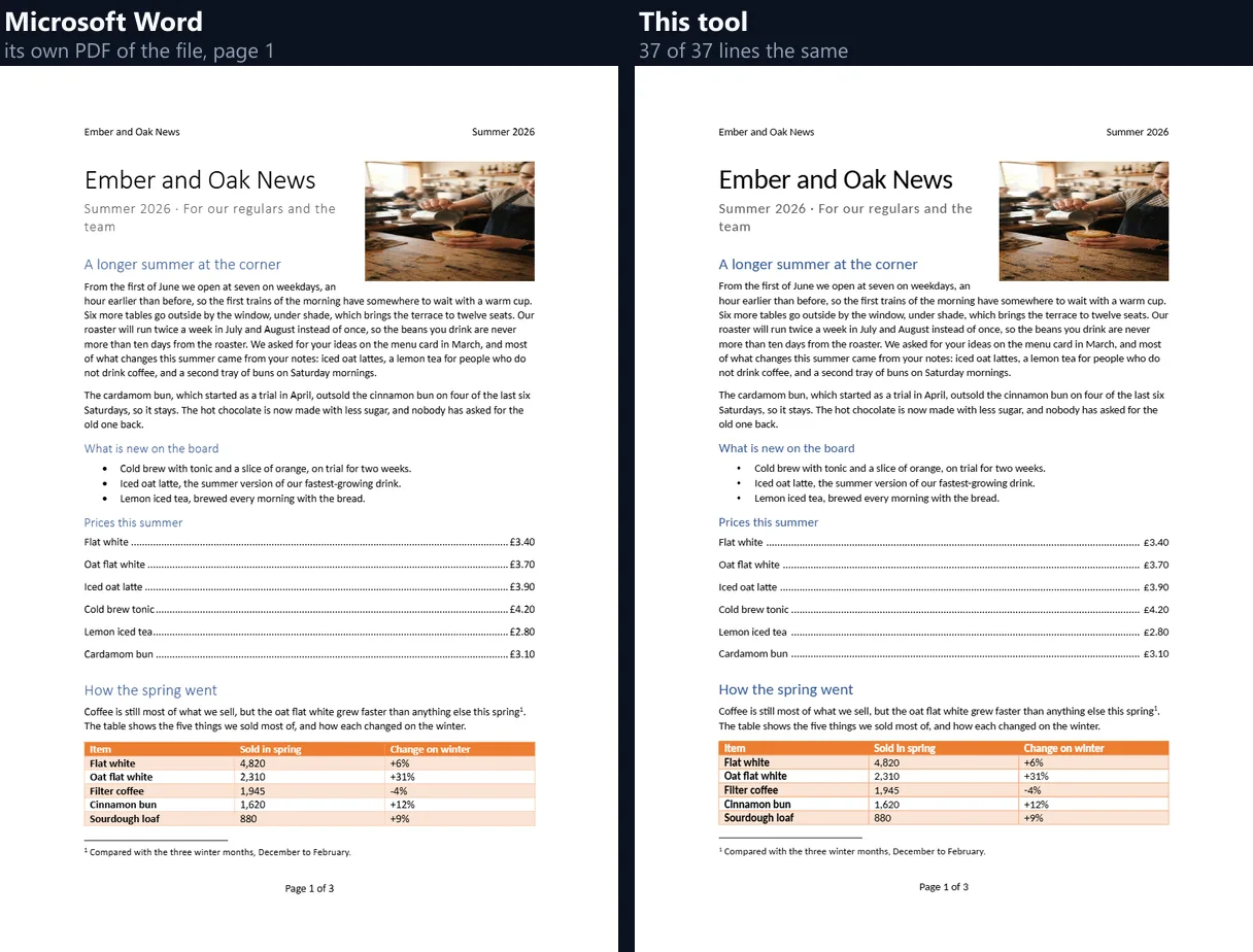 Page 1 of the sample newsletter twice, side by side: on the left as Microsoft Word saved it as a PDF, on the right as this tool drew it, with the same line breaks, photo, bullets, price list and table