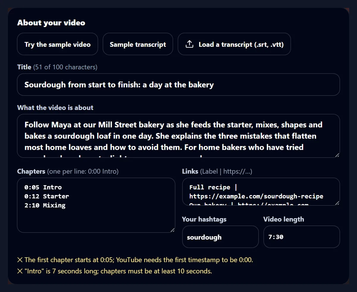 The details with the chapters 0:05 Intro, 0:12 Starter and 2:10 Mixing typed in, and two warnings: The first chapter starts at 0:05, YouTube needs the first timestamp to be 0:00, and Intro is 7 seconds long, chapters must be at least 10 seconds